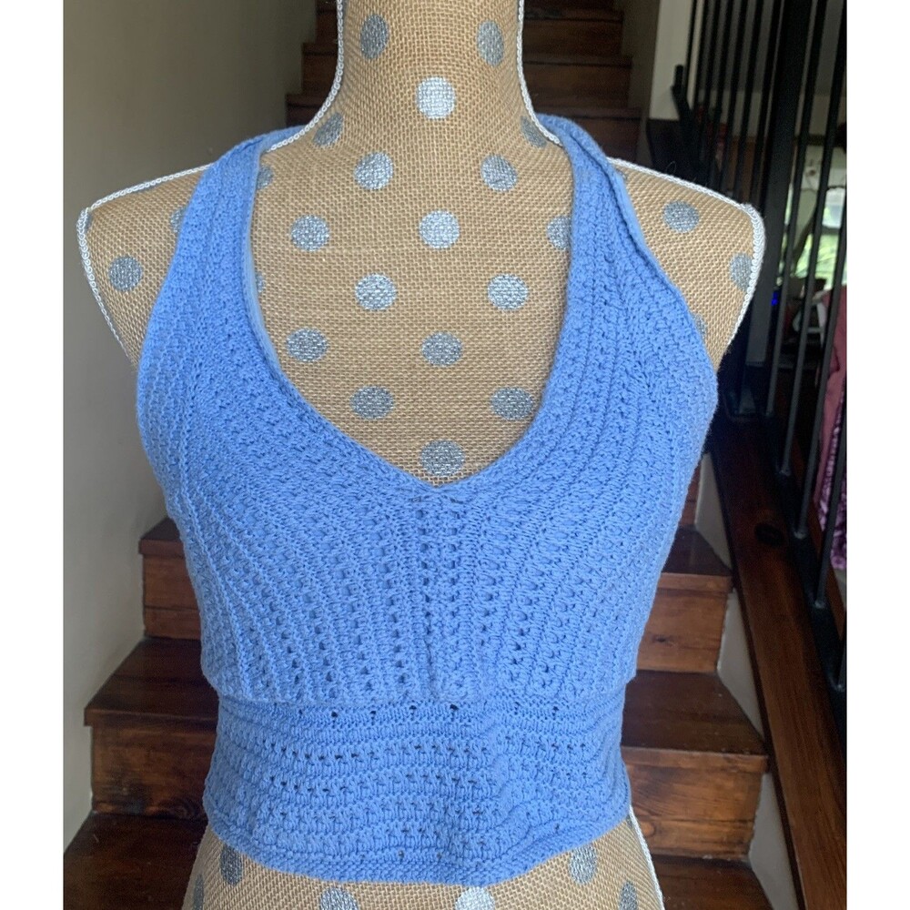 Hollister Crochet Halter Crop Top Blue Y2k  Medium Knit Boho Beachy Festival
